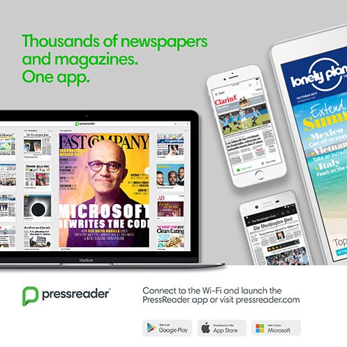 a photograph of several smartphones and a tablet all displaying the PressReader app