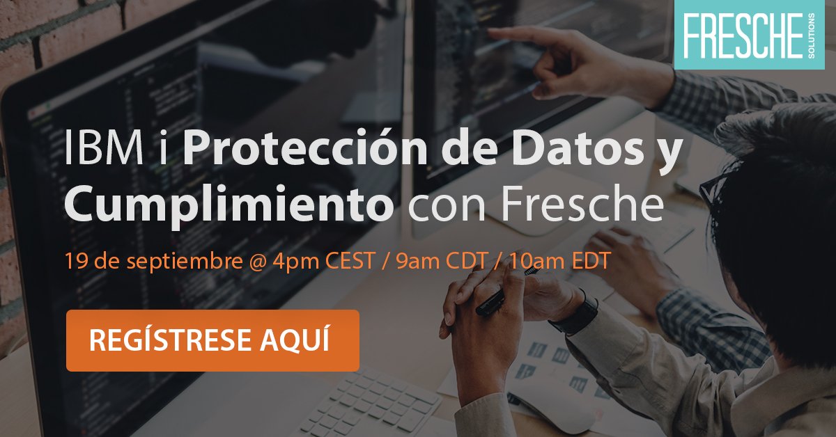 freschesolution's tweet photo. Seminario Web: #IBMi Protección de Datos y Cumplimiento con @robprisma y @sdlpty
Live webinar: IBM i #DataProtection &amp; #Compliance, Sep 19 @ 4pm CEST (10am EDT)

https://t.co/wCRHNr7eGJ 

#IBMiOSS #GDPR #DigitalTransformation #Modernization #Fresche https://t.co/iKqZh6vcon