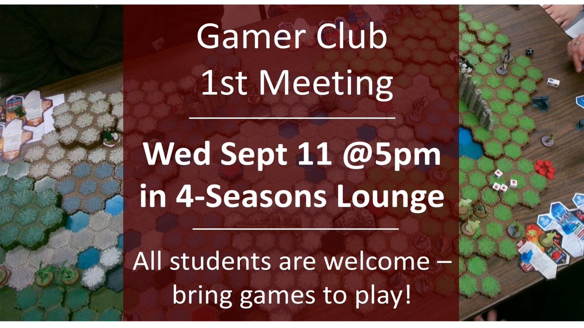 The campus Gamer club has their first meeting tonight at 5 in the Student Center.  Bring a favorite, or try something new!  All are welcome.