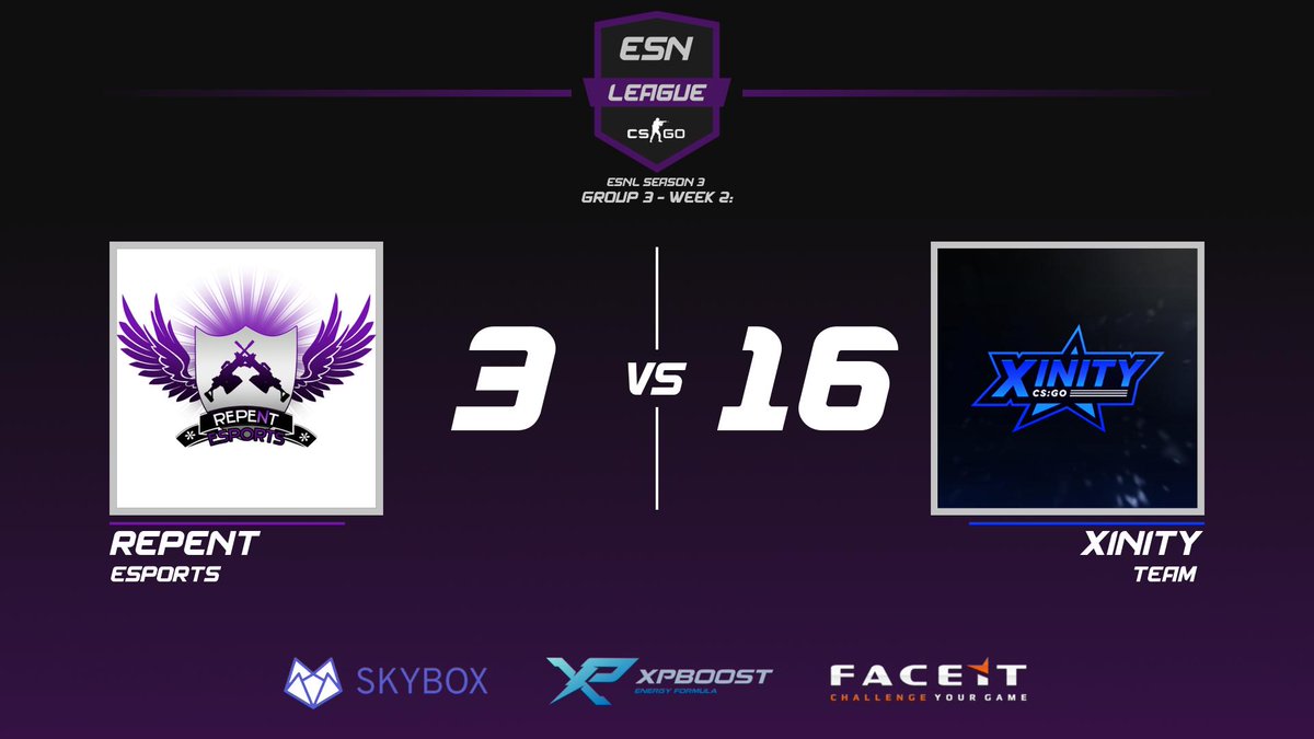 ESN_GG's tweet photo. [#ESNL]

@Team_XINITY take Mirage 16-3 over @repentcs, GGWP!

We will be back in 40 minutes for #FCChômage vs @drgonbornesport!

📺 - https://t.co/QPMP9jxIl9

#ESN #CSGO https://t.co/yOHPQE9F6k