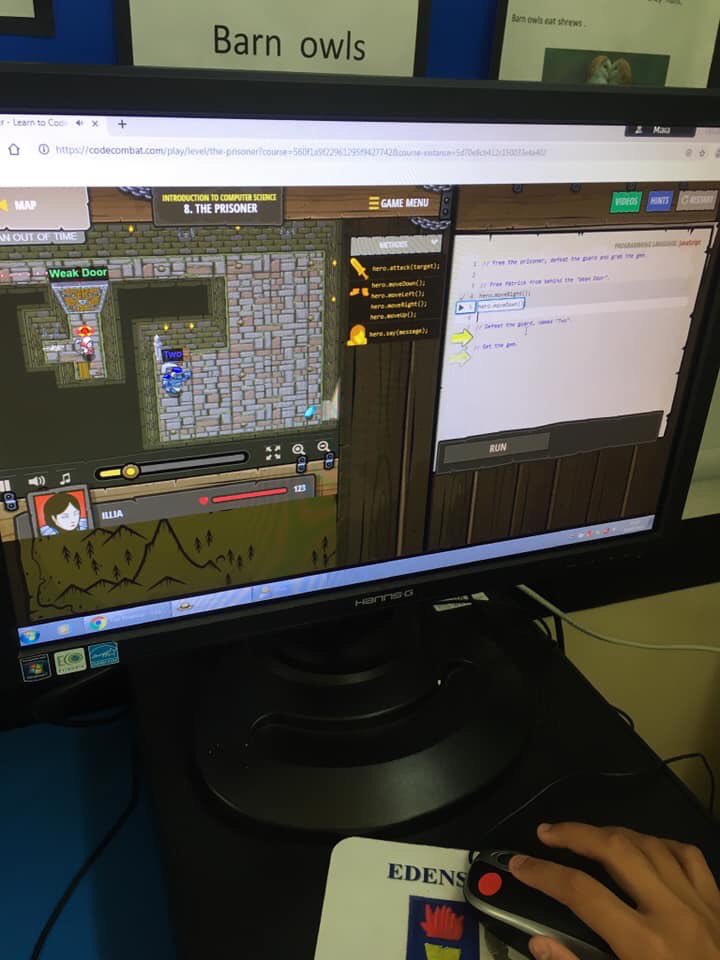 EdensidePS's tweet photo. During ‘Enrichment Time’ yesterday, the primary 6 and 7 ICT group explored coding. They used the CodeCombat website to explore coding, algorithms and syntax. #EdensideOffer #LearningLaughterLove https://t.co/1uRqQrIISb