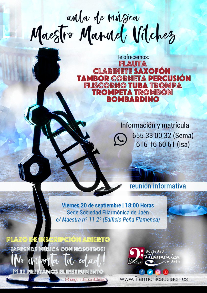 🎶 AULA DE MÚSICA MAESTRO MANUEL VÍLCHEZ| ¡Descubre la magia de la música de la mano de la Sociedad Filarmónica de Jaén! 

ℹ️ Información y matrícula
📞 655 33 00 32 (Sema)
📞 616 16 60 61 (Isa)

#QuieroSerFilarmónico