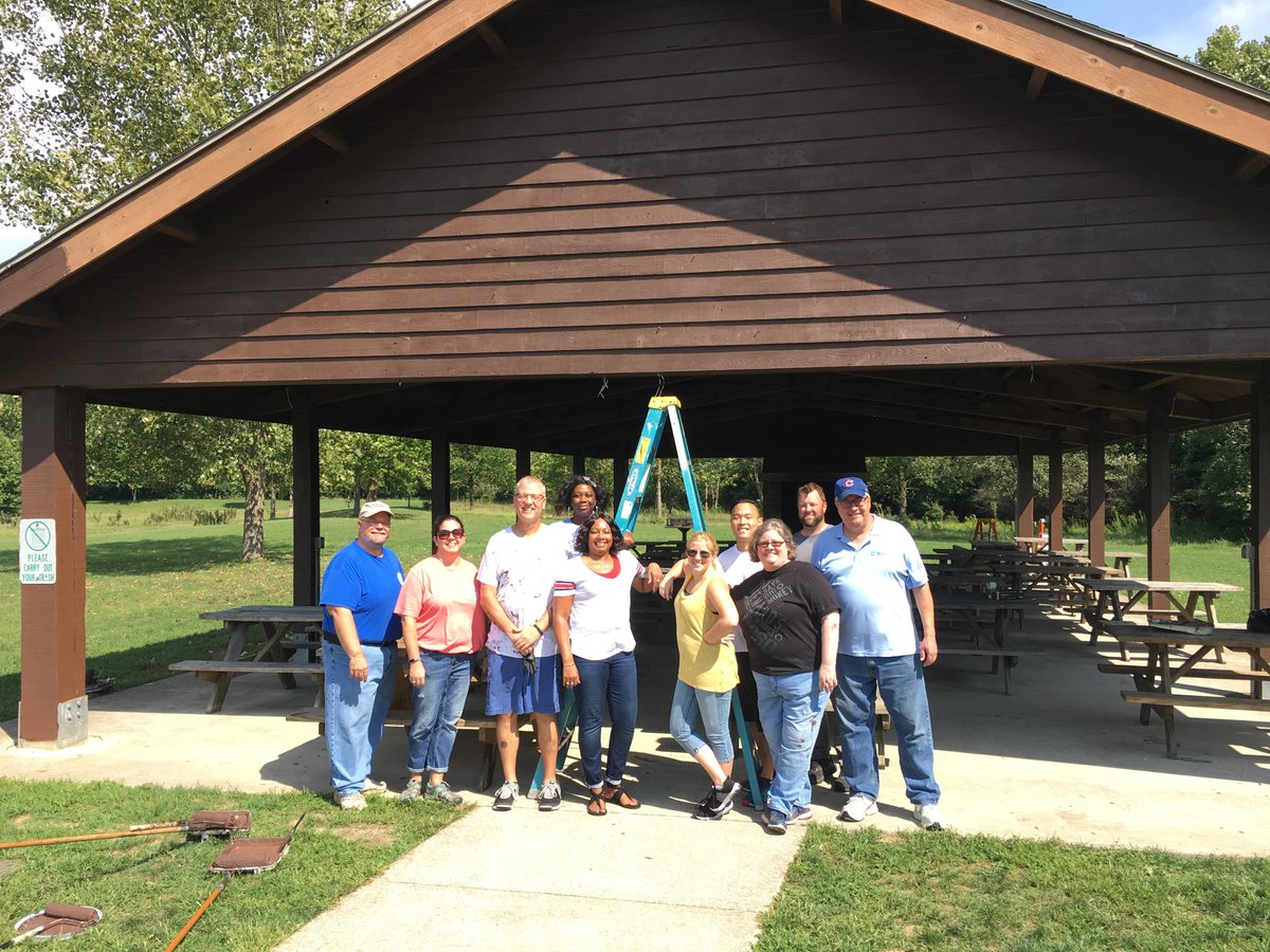 FSSAIndiana's tweet photo. Earlier this month, our Division of Family Resources executive team had a "Give Back Day" helping beautify @INdnrnews's Fort Harrison Park by painting shelters. #TeamFSSA https://t.co/viFUDbgll9
