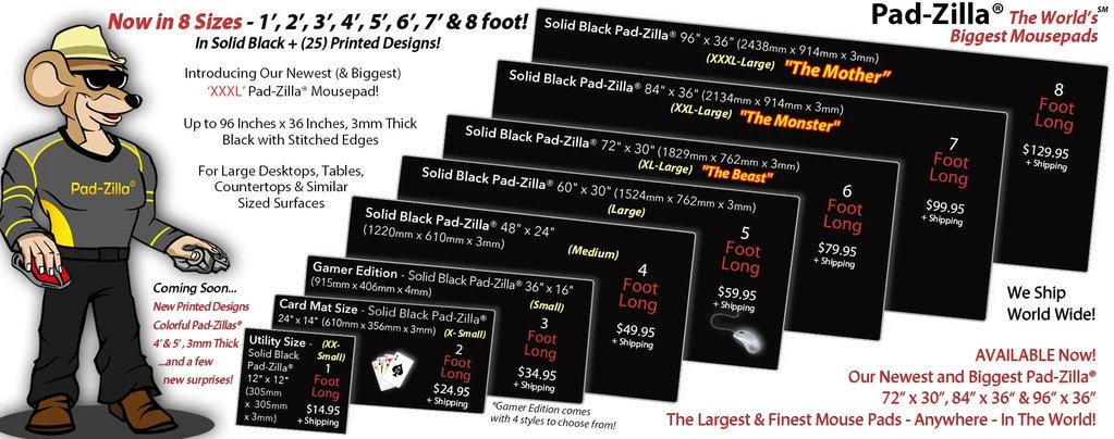 coolmousepads's tweet photo. All of our 4', 5', 6' and 7 foot Pad-Zilla® are currently in production. Pre-Order yours now!

These mouse pads cover your entire desk! Made with the finest tracking surface available, "brand-free", sewn edges, &amp; 3mm thick for comfort! Game Up-Game On!!
 
https://t.co/k3AnXFv2wO https://t.co/bVvcSdzKaK