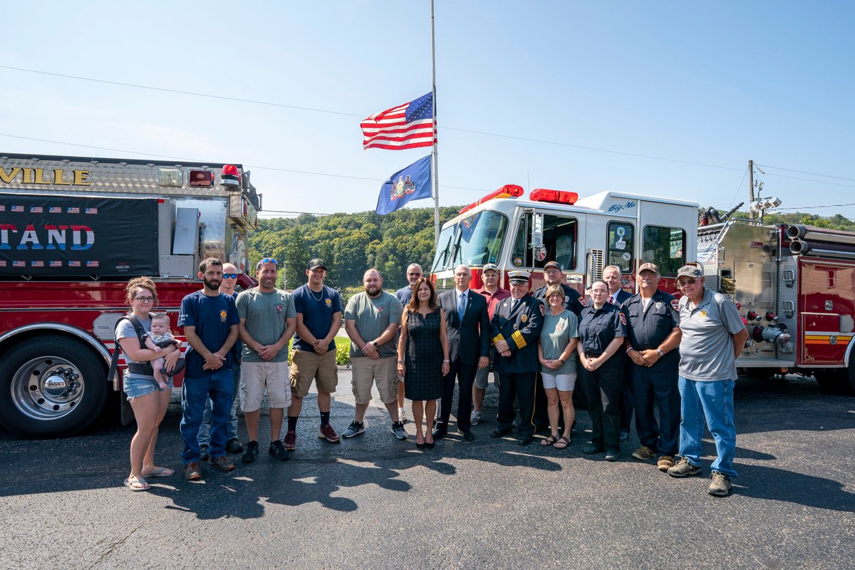 VP45's tweet photo. On behalf of a grateful nation, thank you to the brave men and women of the Shanksville Volunteer Fire Department for their bravery and swift action as they arrived first to the terrible crash site of Flight 93 on 9/11/01. We will never forget. https://t.co/5J6cwm6jSd