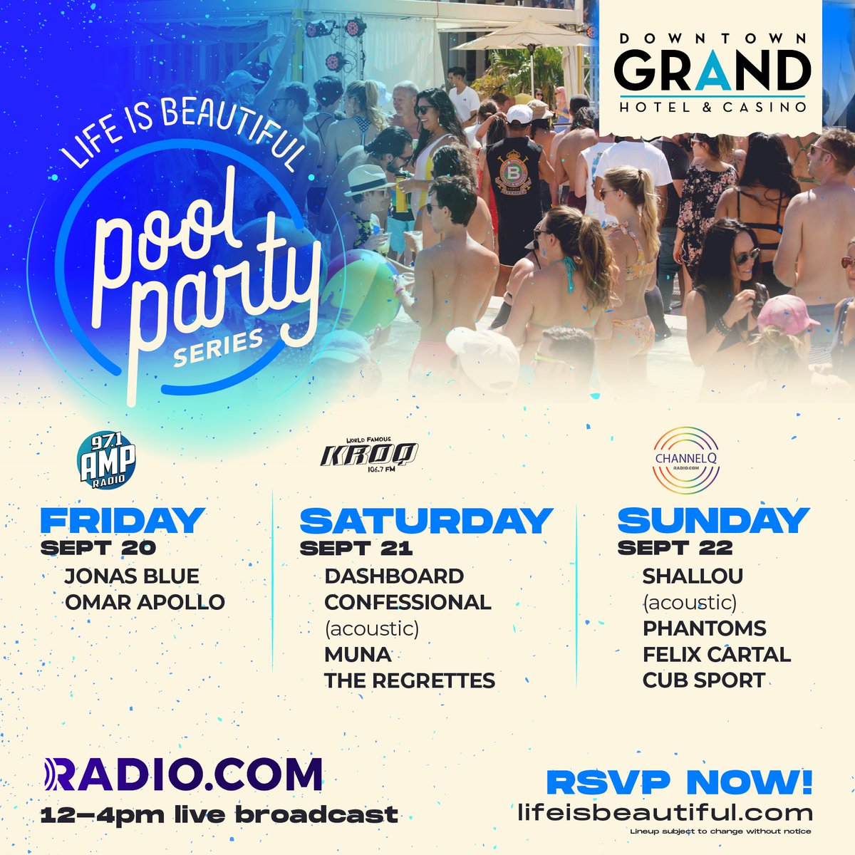 971now's tweet photo. RSVP’d for the official #LifeisBeautiful2019 Pool Party Series yet? 

@DowntownGrandLV presents 3 epic days of #poolpartylife 🏊 

Live broadcast 12-4 by: @971ampradio (Fri)
@kroq (Sat)
@wearechannelq (Sun)

[RSVP at https://t.co/4yZTrA9pil] https://t.co/YiGRNyQEVU