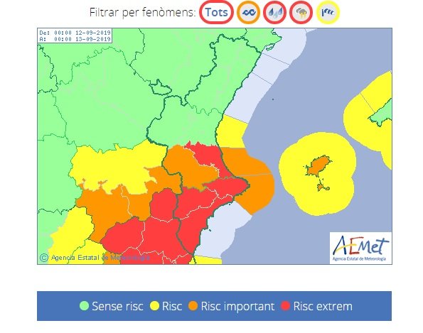 Esta és la previsió de com entraran des de la mar les pluges, amb tempestes fortes, que descarregaran pluja d'intensitat torrencial i en algunes zones persisent,
els avisos ens indiquen que poden superar-se en 1 hora els 90 l/m²
i en 12 h els 180 l/m²