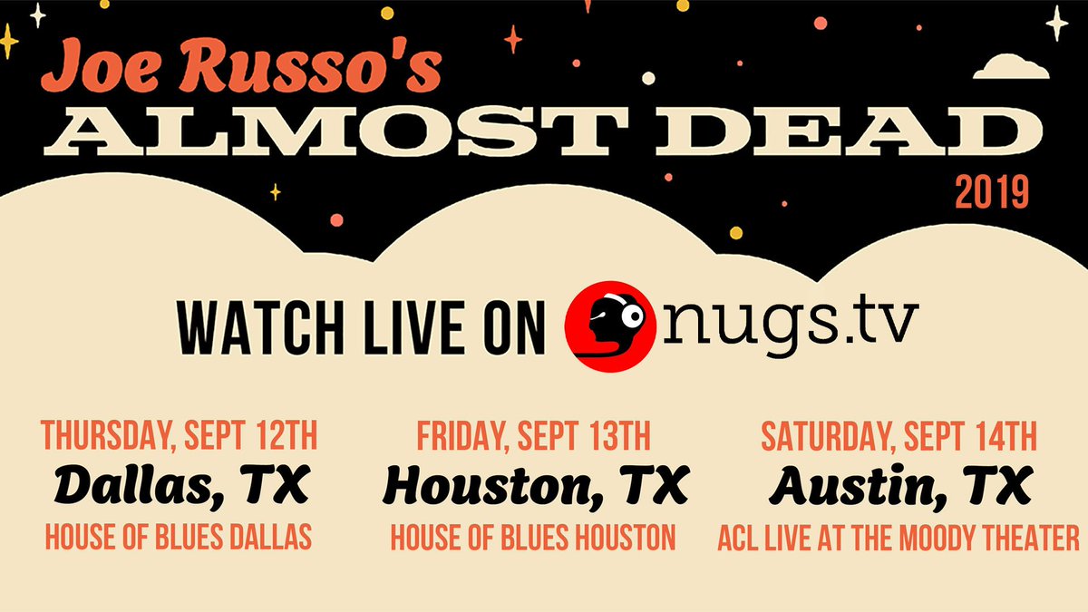 RussoAlmostDead's tweet photo. #CouchTour #JustAnnounced 

@RussoAlmostDead Live Webcasts:

@HOBDallas ~ Dallas, TX on Thu, Sep 12, 2019 
@HOBHouston ~ Houston, TX on Fri, Sep 13, 2019
@acllive at The Moody Theater ~ Austin, TX on Sat, Sep 14, 2019:

Details here: https://t.co/dMY7HRUWSo https://t.co/cJQUtxSagC