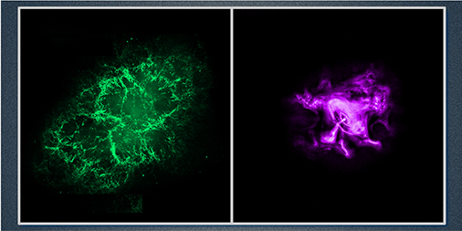 SpaceTelescope's tweet photo. #SpaceTelescopeQuiz answer: How are these related? Both show supernova remnant M1. Left: visible light from @HubbleTelescope. Right: X-ray light from @chandraxray. Get the full story of M1 (aka Crab Nebula): https://t.co/xjSeOdmpA5 #NotAComet #InADifferentLight https://t.co/YRCQBt1XZt