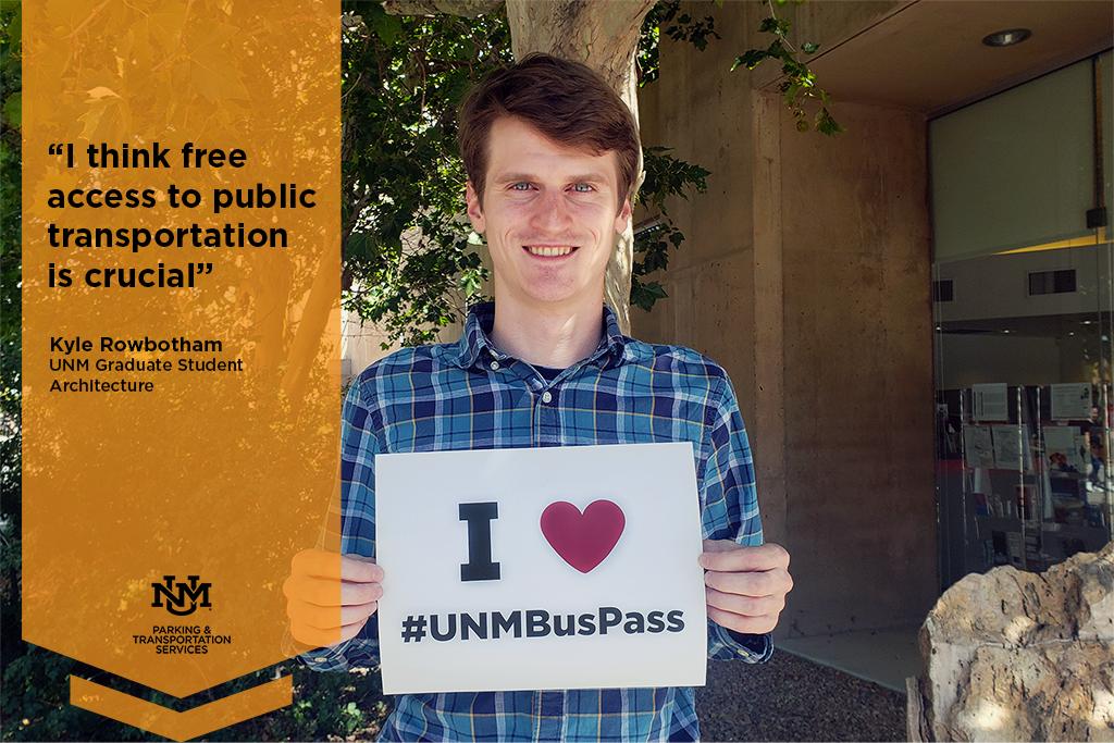 UNMPATS's tweet photo. "I think free access to public transportation is crucial" -Kyle Rowbatham, UNM Graduate Student
❤️🚌
How has the  #UNMBusPass sticker impacted your studies at UNM? Submit a testimonial and show your support 👉 https://t.co/1HoHAQX0AG https://t.co/FesbSnaMhm
