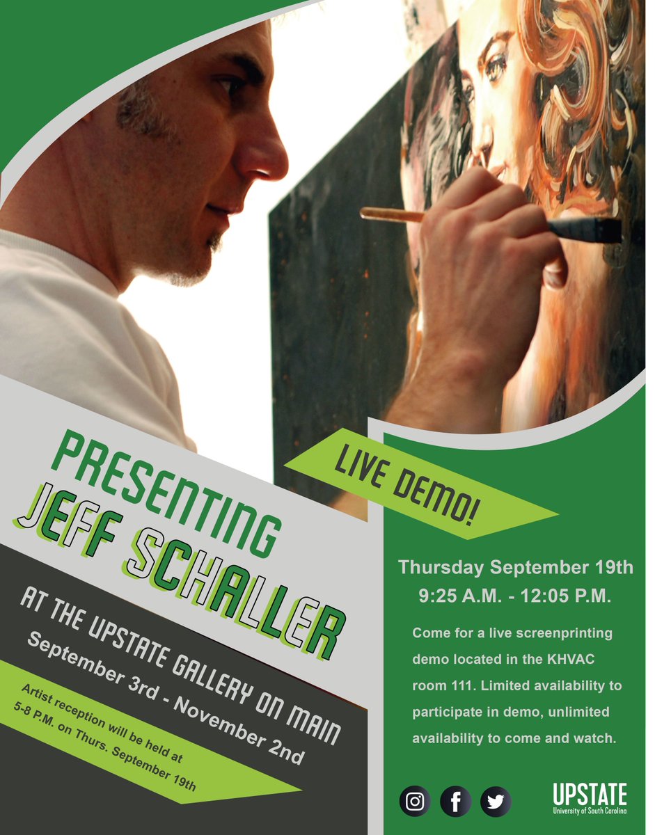 USCUpstateArts's tweet photo. Come Check out Jeff Schaller's live screen printing demo in KHVAC 111 on Thursday September 19th! https://t.co/fSMgarPE2E