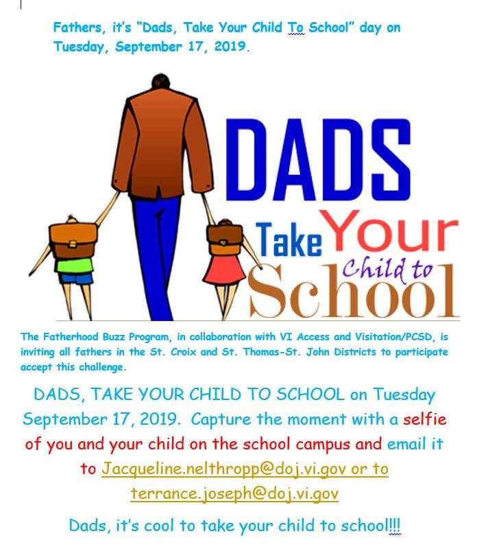 VIEducation1's tweet photo. "Dads, Take Your Child to School Day" on September 17 is a wonderful activity for fathers, sponsored by the V.I. Department of Justice. Tag a dad! #tagadad #dadstakeyourchildtoschoolday #daddydaughter #daddyson #USVIEducation https://t.co/0LHLcvVeQI