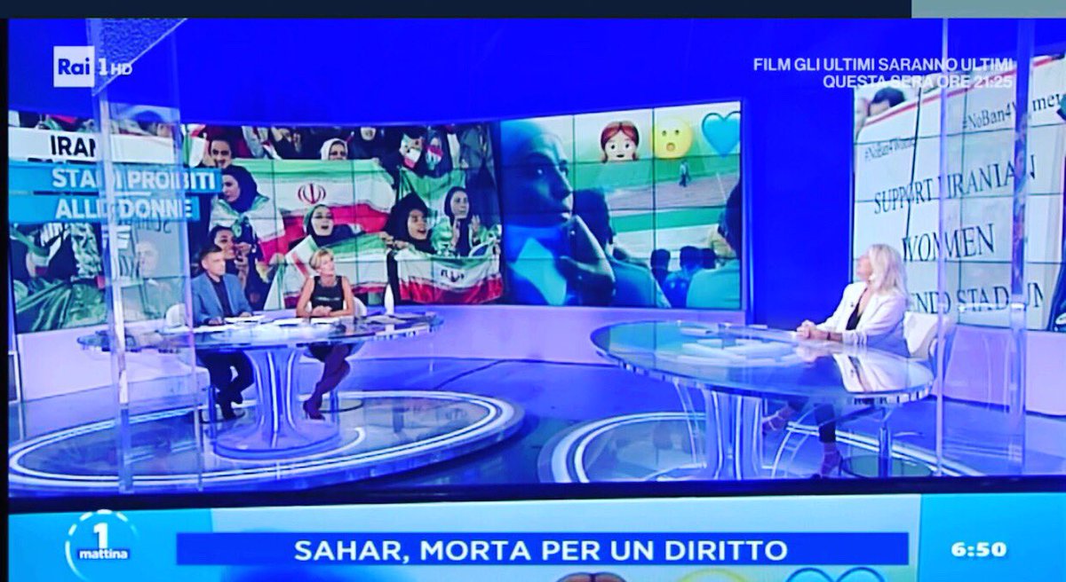 tiz_ciavardini's tweet photo. Questa mattina a UnoMattina abbiamo parlato della tragica morte di #SaharKhodayari. Ora attendiamo le decisioni della #FIFA affinchè venga rimosso al più presto il divieto alle donne di entrare allo stadio. Nessuno mai dovrebbe morire per un #diritto. #Iran #OpenStadium https://t.co/bFE8k9Rks4