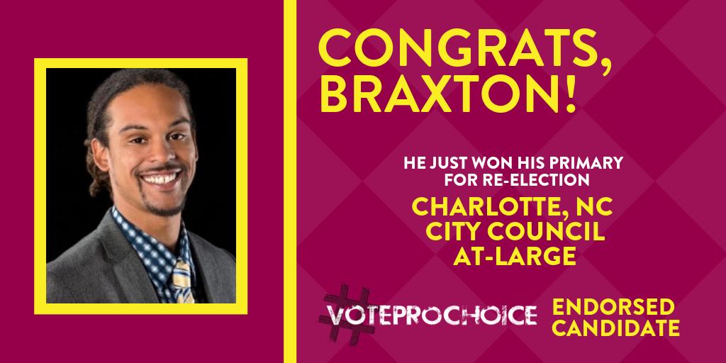VoteChoice's tweet photo. Proud #ProchoiceChampion @votebraxton won his primary for the Charlotte City Council last night. He, along with @DimpleAjmera will continue to stand up for YOUR #ReproductiveFreedom in North Carolina. Braxton heads to the general in November
#cltpol https://t.co/IB1MuOIRnN