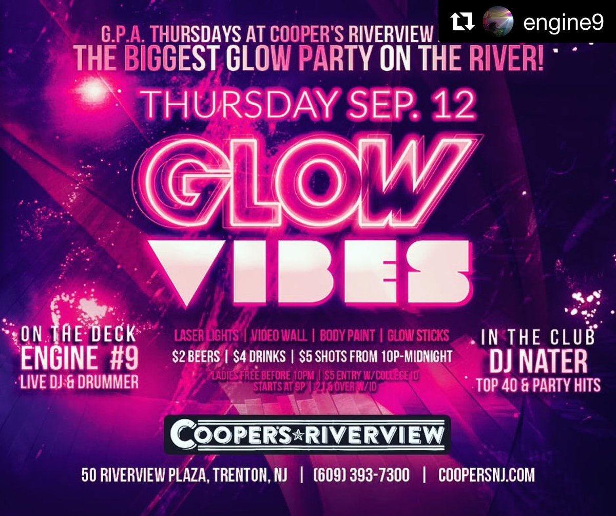 Engine9's tweet photo. Tomorrow night we #glow at #coopersriverview in Trenton, NJ. JOin is for a great freakin’ time!!! #housemusic #plurlife #edmfamily @knappy https://t.co/aWrqvdKPUG