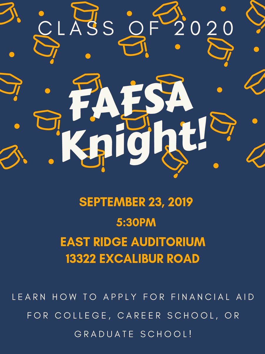 🔹ATTENTION SENIORS🔹
Mark your calendars for FAFSA Knight on September 23rd! Learn important information about graduation and financial aid, and join us in the cafeteria afterwards to meet some of your dream schools at the College Fair!!