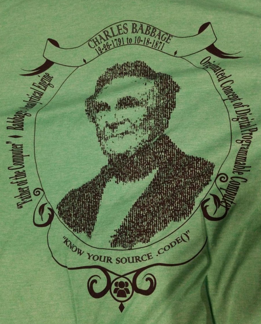 amegala's tweet image. Charles Babbage makes his appearance on this year&apos;s #PrairieCode tee!

A mathematician, philosopher, inventor and mechanical engineer, Babbage originated the concept of a digital programmable computer, the Analytical Engine.  
Babbage was mentor to the famed Ada Lovelace.