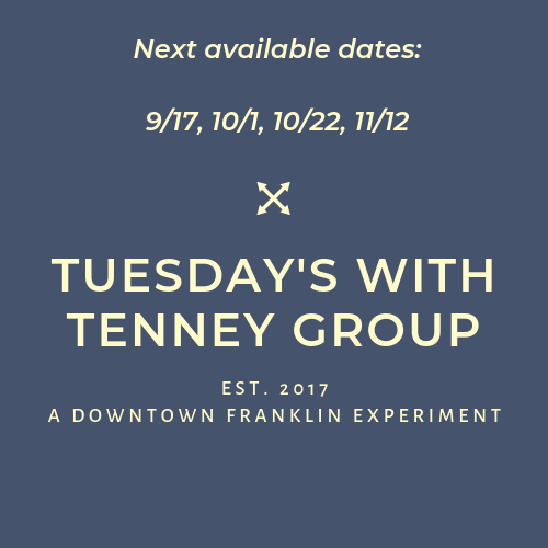 tenneygroup's tweet photo. Now taking RSVPs for a few more spots for our downtown Franklin, TN networking experiment. Tuesday's With Tenney Group has proved to be a fantastic way to meet new people, engage the community and help our neighbors. Send us a message if you can make one of these dates #nashville https://t.co/O4eDeZ9WCj