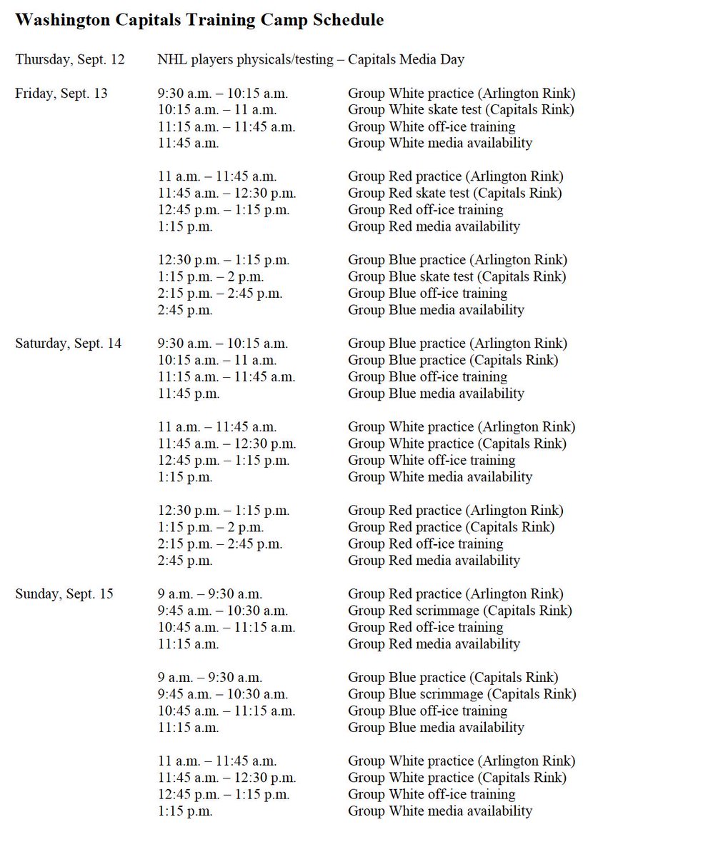 Capitals's tweet photo. Player groupings and schedule for this weekend at 2019 #CapsCamp!
Come out to @MedStarIceplex
and get pumped for the start of the 2019-20 Season.
#ALLCAPS | @MedStarHealth https://t.co/ak1lj905bB