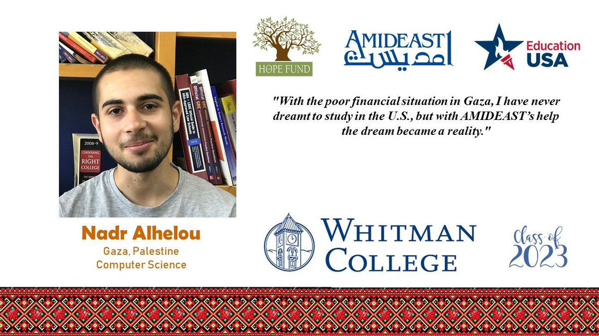 AmideastHQ's tweet image. The Hope Fund’s main goal is simple: to give hope. There are hundreds more students like Nadr in Palestine who hadn’t considered higher education at a top U.S. institution possible, but with AMIDEAST’s help this is only the beginning! @whitmancollege
