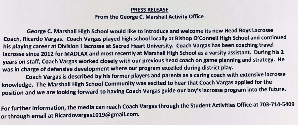 Marshall High School’s new Head Boys Lacrosse Coach announced: