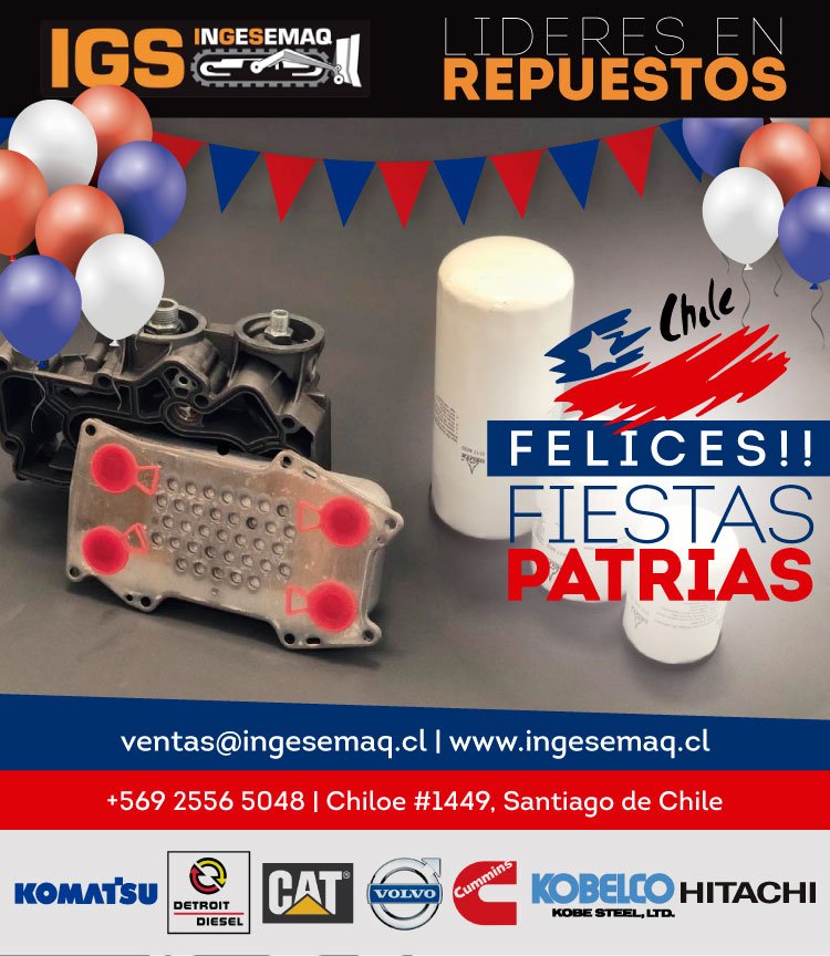 ingesemaq's tweet photo. INGESEMAQ : Lideres en Repuestos para Maquinaria Pesada y Motores Diesel 🚜💯👌
CHILE | FELICES FIESTAS PATRIAS!!
#EXCAVADORAS #RETROEXCAVADORAS #CATERPILLAR #CAT #KOMATSU #HITACHI #KOBELCO
ventas@ingesemaq.cl |+569 2556 5048 https://t.co/unTfd4LWoC