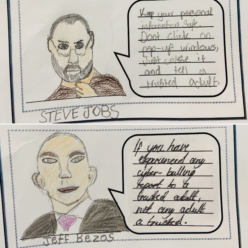 Love these entries from this year’s Online Safety competition. We celebrated 10 #ComputingPioneers by learning about what they achieved and then drew them saying an #OnlineSafety message. All resources are in my blog: eatsleepictrepeat.blogspot.com/2018/09/first-… @BillGates @JeffBezos @timberners_lee