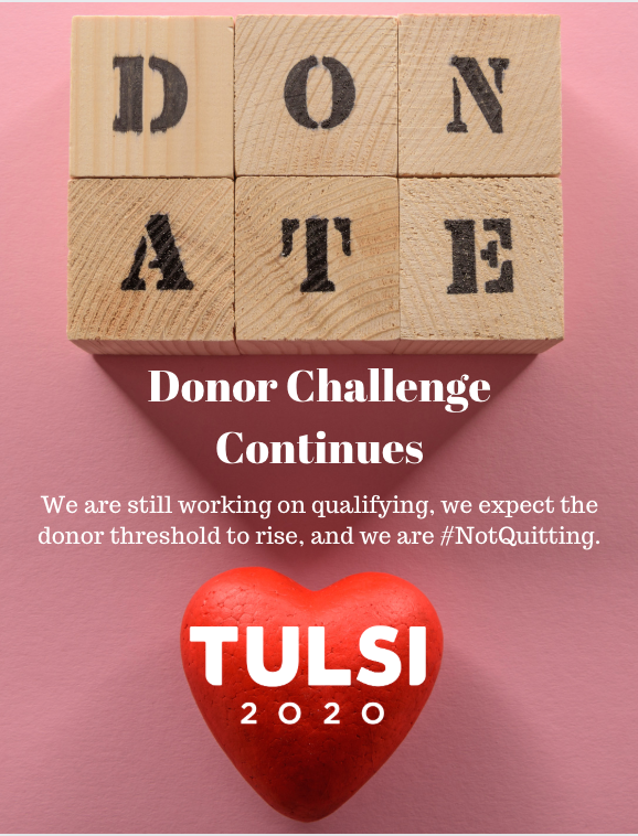Chicago4Tulsi's tweet photo. #DonorChallenge keeps going, #TulsiGabbard will #NOTQUIT
Sign up to continue the donor momentum here: https://t.co/VmYaUCdbqn https://t.co/lO1acm5oSY