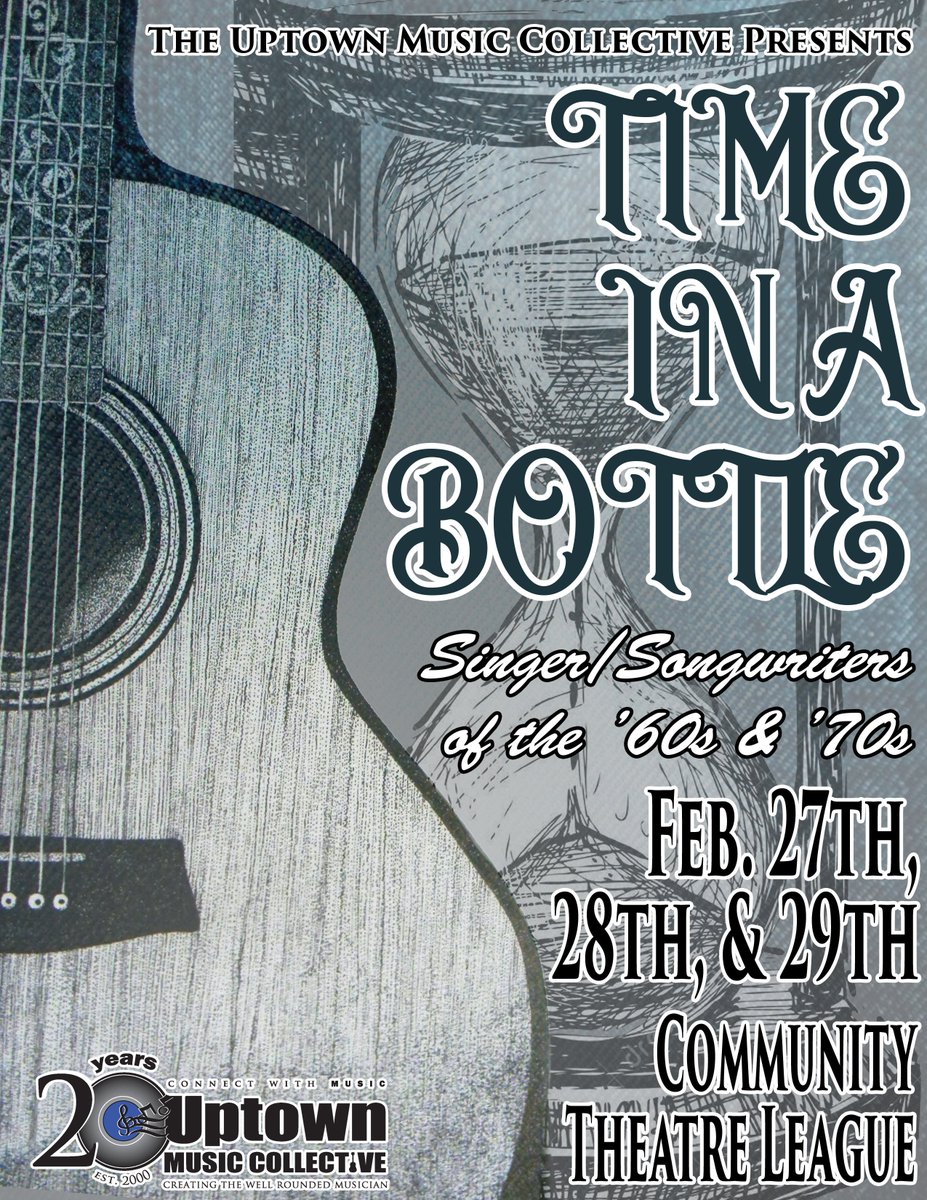 umctweet's tweet photo. ***2019-2020 PERFORMANCE SEASON SHOW ANNOUNCEMENT #3*** The third show of the Collective’s 2019-2020 Performance Season will be…
Time in a Bottle: Singer/Songwriters of the ’60s &amp; ’70s
Community Theatre League
Feb. 27th, 28th &amp; 29th, 2020
#ConnectWithMusic #TicketsOnSaleNOW https://t.co/SjQ1Kx8pnP
