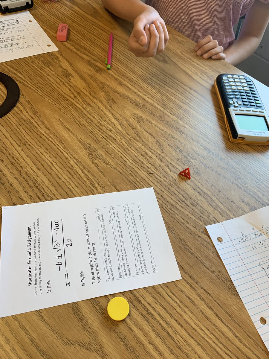 Reintroduced the quadratic formula today with <a href="/mathequalslove/">Sarah Carter</a>’s memory assignment and a dice game to find random A, B, and C values for practice with complex solutions.  #iteachmath #MTBoS