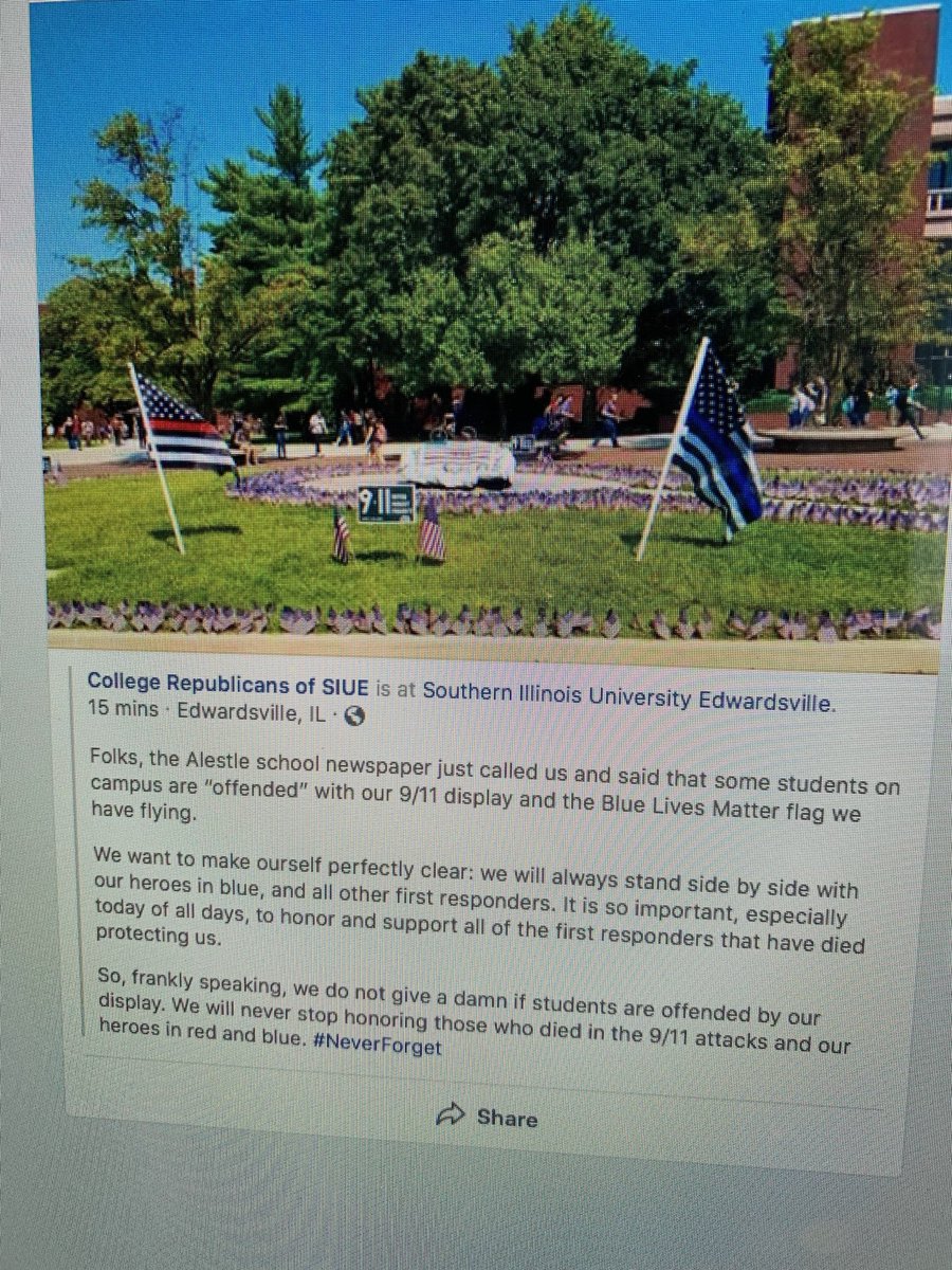 Offended??? By honoring a national tragedy?? I’m 78 flights of stairs into the 110 the 9/11 firefighters climbed before they LOST THEIR LIVES. Be “offended” in a different country. Bye. <a href="/SIUECR/">College Republicans of SIUE</a> I stand with you. 🇺🇸