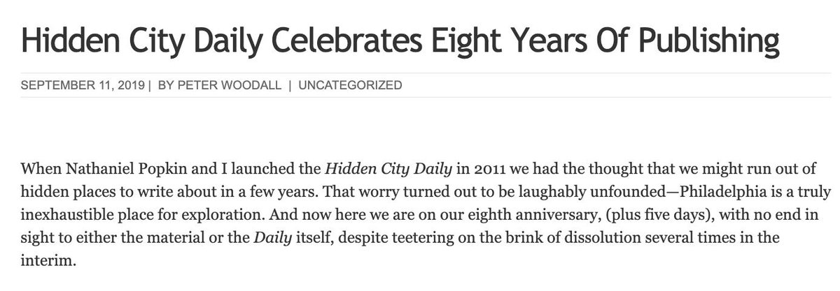 NathanielPopkin's tweet photo. Sweet words on the 8th anniversary of the Hidden City Daily (@HiddenCityPhila) from co-founder Peter Woodall. With much love to Pete, @mauleofamerica, and @mmbixler, by far our longest serving editor. Bix keeps the wheels on the bus every day. https://t.co/i25HOxikLA https://t.co/4qIPT4tD8P