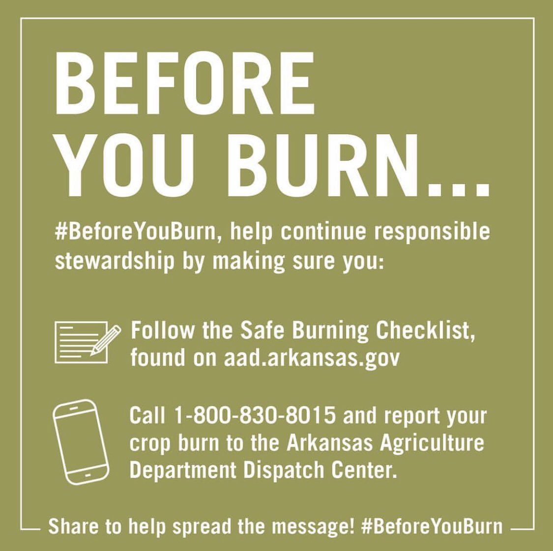 RiceArkansas's tweet photo. #BeforeYouBurn help continue responsible stewardship by making sure you follow the safe burning checklist, and reports your burn to the Arkansas Agriculture Department Dispatch Center!
Share to help spread the message! @arkansassoybean @ARDeptofAgricul @ArFB @AgCouncilofAr https://t.co/LZ1ROCbGyG
