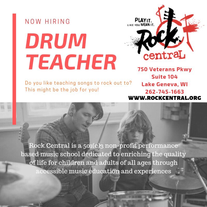We’re looking to add a new member to our 🎼!

#rockcentral #musicschool #performancebased #drumteacher #drums #nowhiring #hiring #drum #teacher #lakegeneva #lakegenevawi #nonprofit