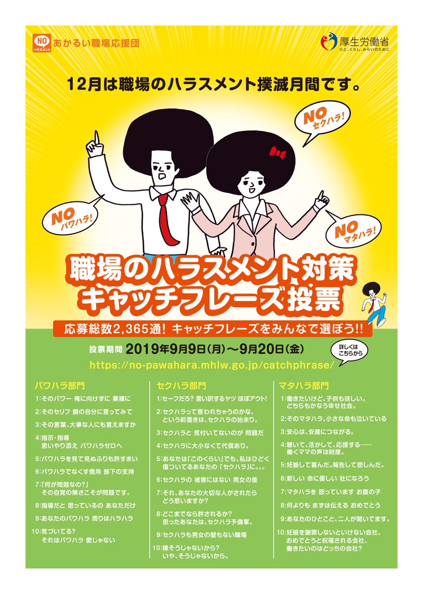 厚生労働省 職場のハラスメント対策キャッチフレーズをみんなで選ぼう パワハラ セクハラ マタハラ の3部門からそれぞれ1つ あなたのお気に入りの作品を選んでください 9月日まで 投票はポチっとこちらから T Co