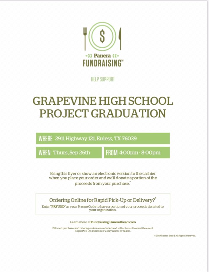 Hey <a href="/GHSProject_Grad/">GHSProjectGraduation</a> followers - <a href="/panerabread/">Panera Bread</a>  in Euless is hosting a fundraising night for us on 9.26 from 4-8 P.M. Show copy of flyer (okay to show from your phone) so that 20% is donated to our awesome cause. #GHSUnity #GHSPG2020