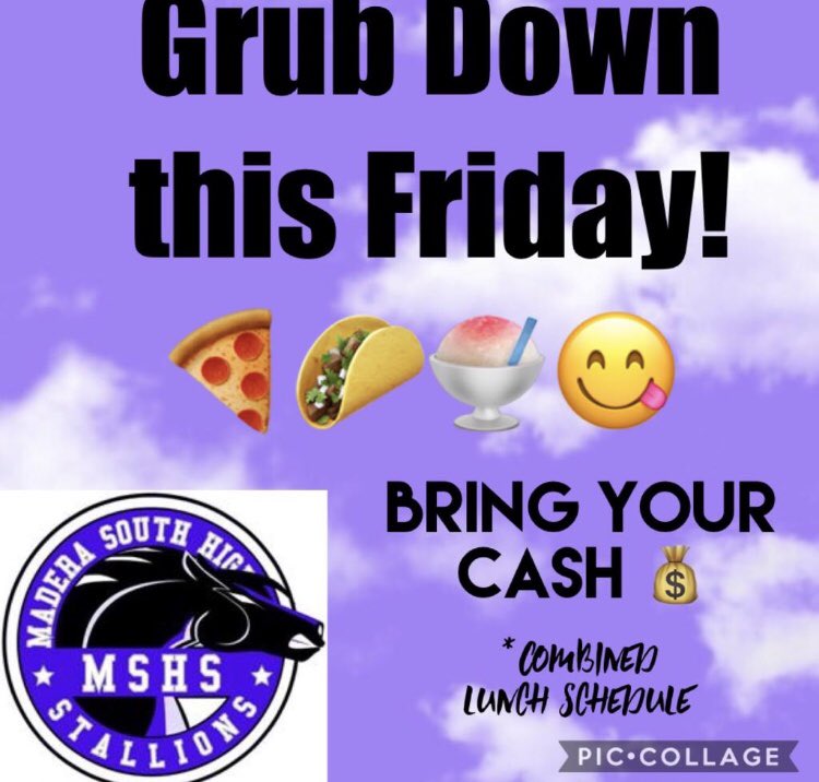 MSHSFeedback's tweet photo. This Friday we have our first Grub Down! We will be on a combined lunch schedule. https://t.co/UIP8jlunpQ