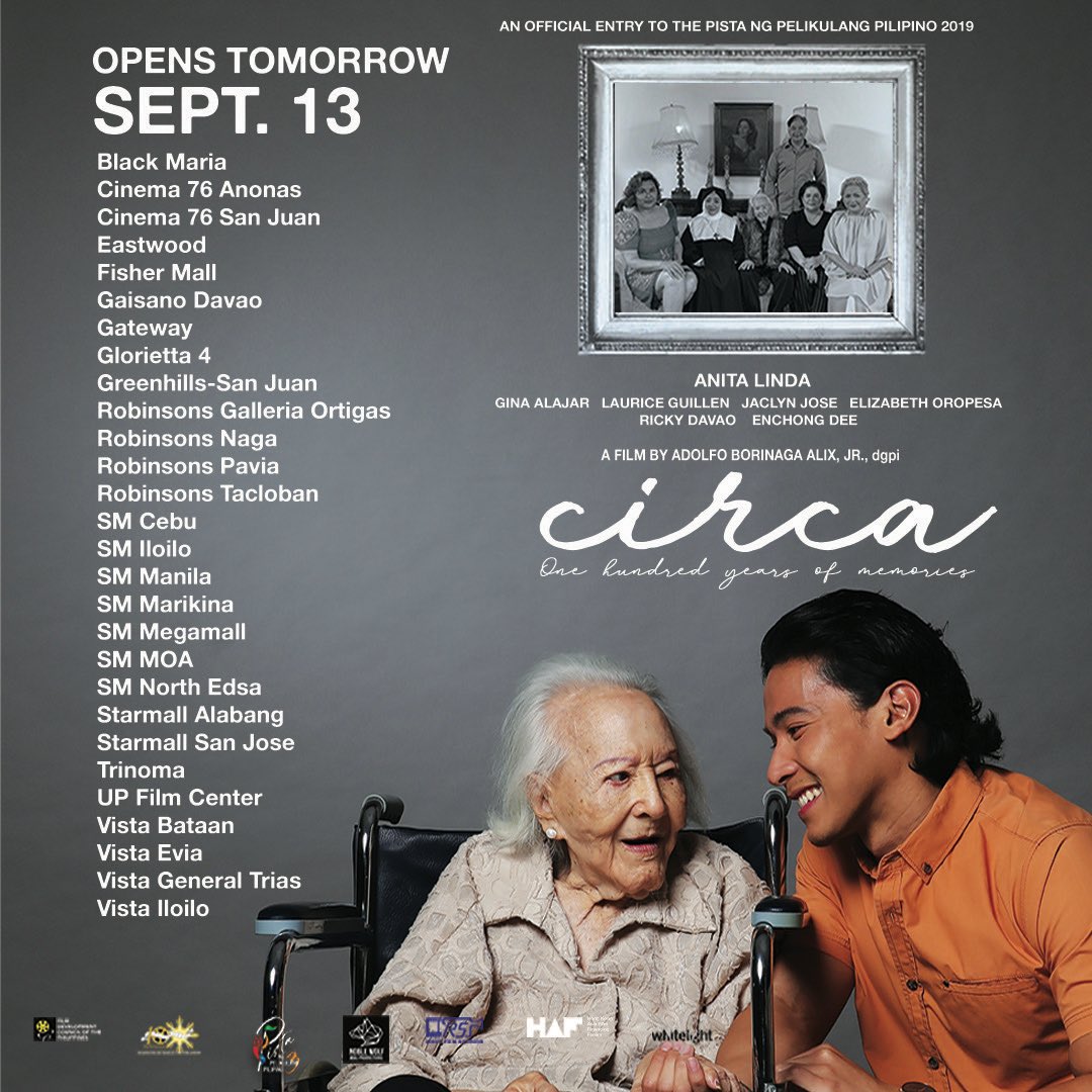 aalixjr's tweet photo. GRANDMA’S WISH. Tomorrow, Sept. 13, witness how Michael tries to make her grandmother’s birthday wish come true in time for her 100th birthday. CIRCA opens in selected cinemas nationwide as part of the Pista ng Pelikulang Pilipino. #CircaPPP2019 #Sandaan https://t.co/GW7S3rfW5k
