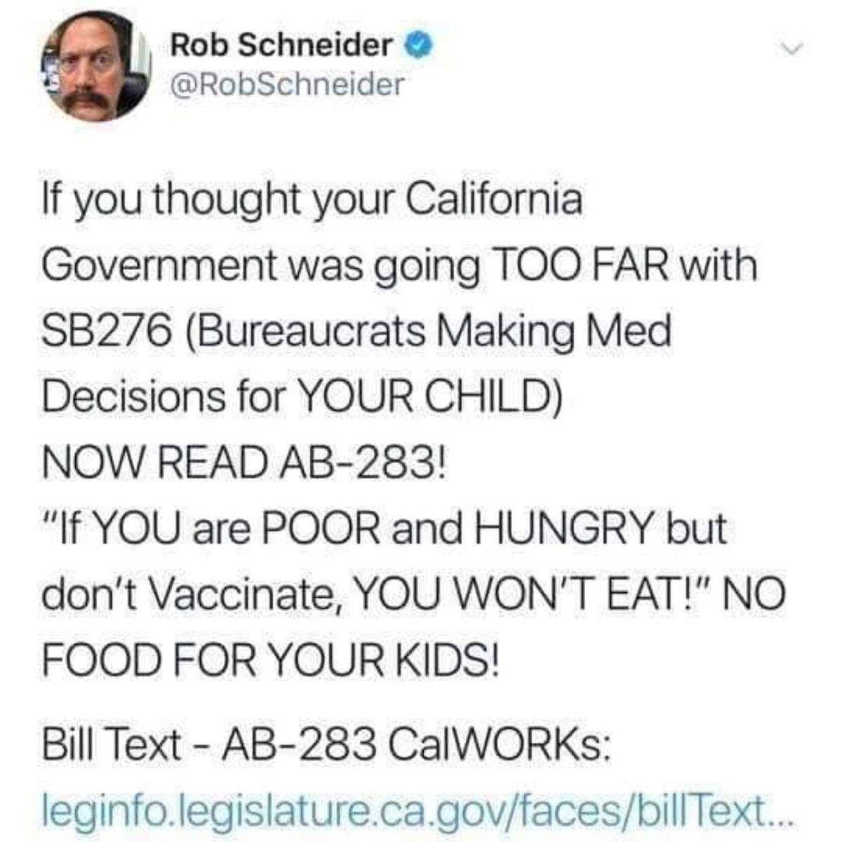 DawnShariah's tweet photo. Again this SB276 bill wasnt about unvaccinated kids it was about population control. You won't poison your kids till they die so we will starve them to death. #Merica https://t.co/U6be3dD9Ic