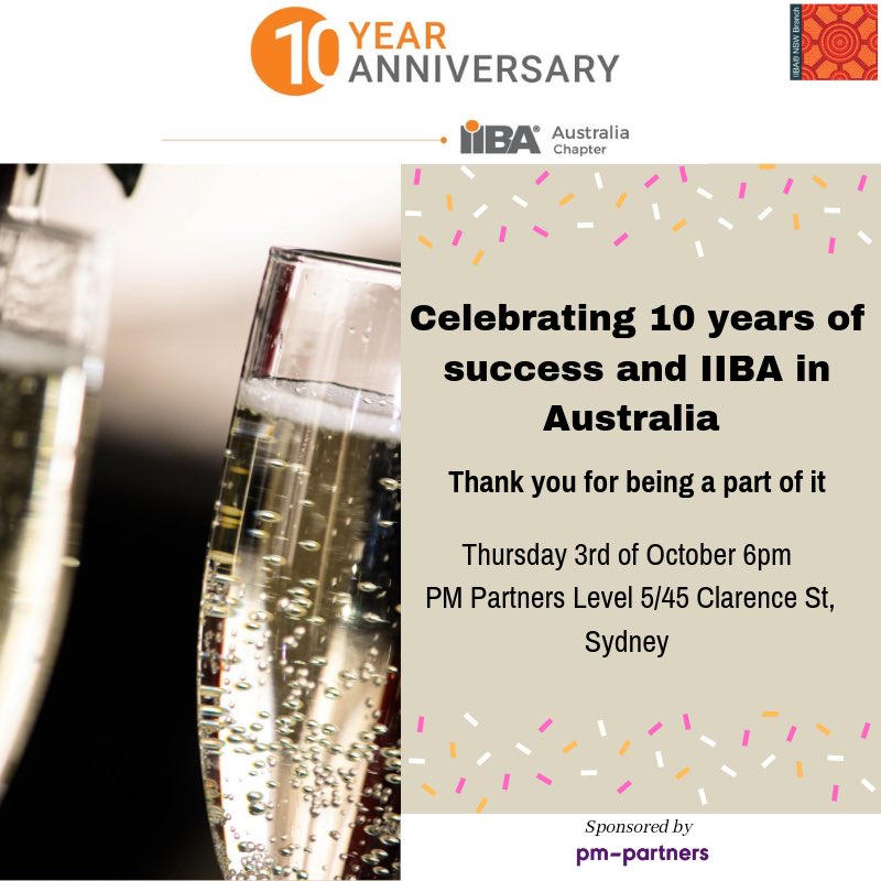 Join the celebration as we reflect on the 10 years of IIBA Australia as a community of professionals and BA practioners. An open invitation to all memberships, sponsors, collaborators, business partners and volunteer.  
Sponsored by:
<a href="/PMPartners/">PM-Partners group</a> 
tinyurl.com/IIBACelebration