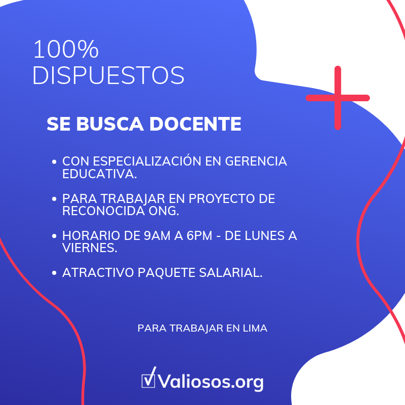 Valiosos_org's tweet photo. Inscríbete en https://t.co/tl9K0NbfuJ o envía tu cv a: urgente.sebuscatalento@valiosos.org.

Importante ONG solicita Docente con especialización en gerencia educativa para trabajar en proyecto social.

Horario de 9am a 6pm - de lunes a viernes.

Atractivo paquete salarial. https://t.co/JQnsjKTHLD