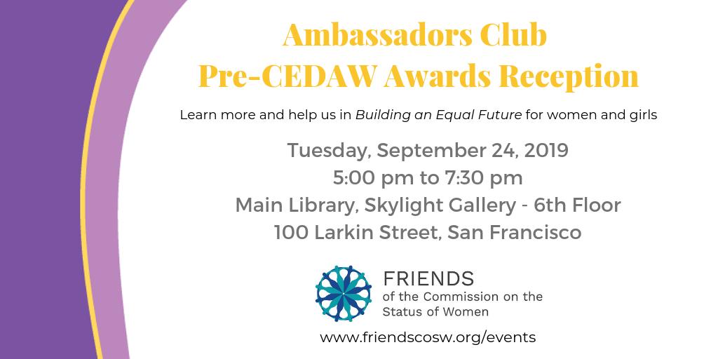FriendsCOSW's tweet photo. Please join the @FriendsCOSW for the announcement of the 2019 honorees of the #CEDAWawards for Women's Human Rights on Sept 24th, 5-7:30 pm, #SF Main Library. #BuildinganEqualFuture #EqualPaySF https://t.co/HAhP52jRW8