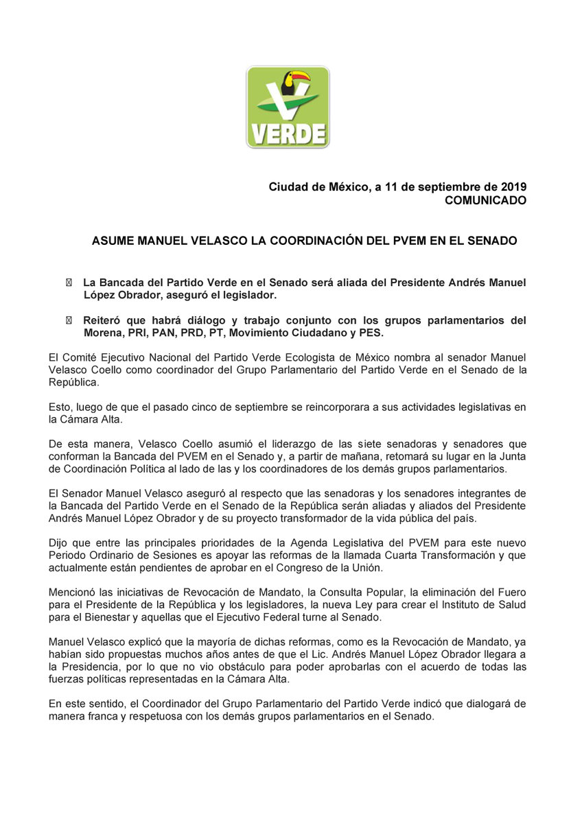 partidoverdemex's tweet photo. #COMUNICADO | Asume @VelascoM_ la Coordinación de nuestro Partido en el Senado.  https://t.co/Jbq3mJYKq8 https://t.co/97VTImZ9pY