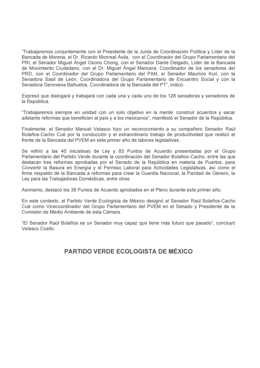 partidoverdemex's tweet photo. #COMUNICADO | Asume @VelascoM_ la Coordinación de nuestro Partido en el Senado.  https://t.co/Jbq3mJYKq8 https://t.co/97VTImZ9pY
