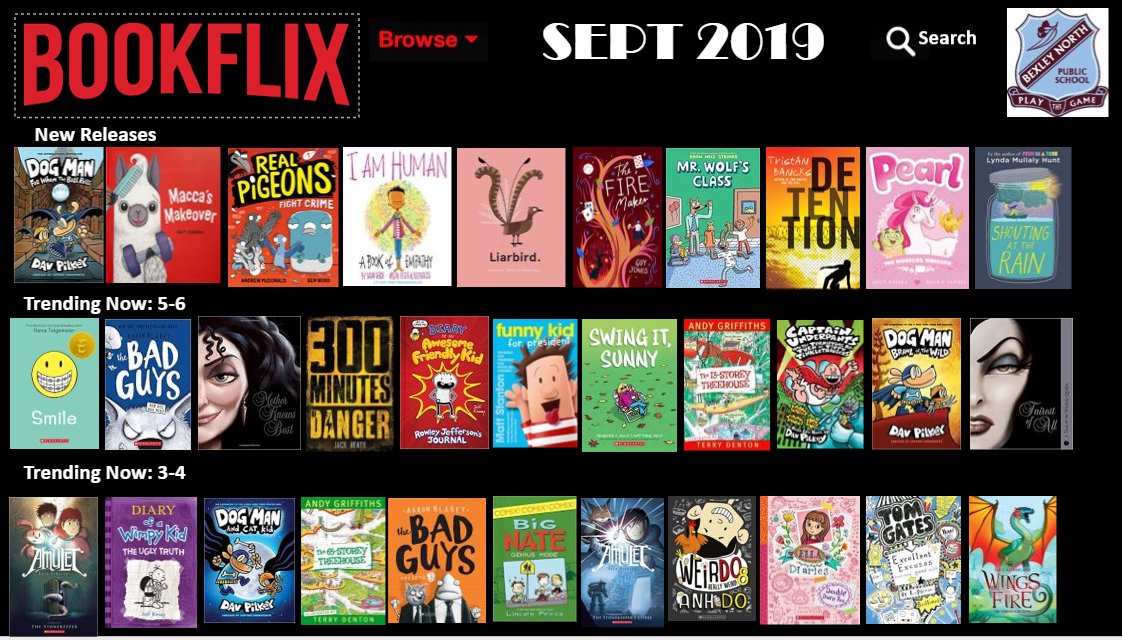 BNPSHub's tweet photo. The latest version of our Bookflix display is up, showing students what's hot in the library and providing recommendations. 🔥📚 #hotreads @BexleyNorthPS https://t.co/gFASo4Zcq6