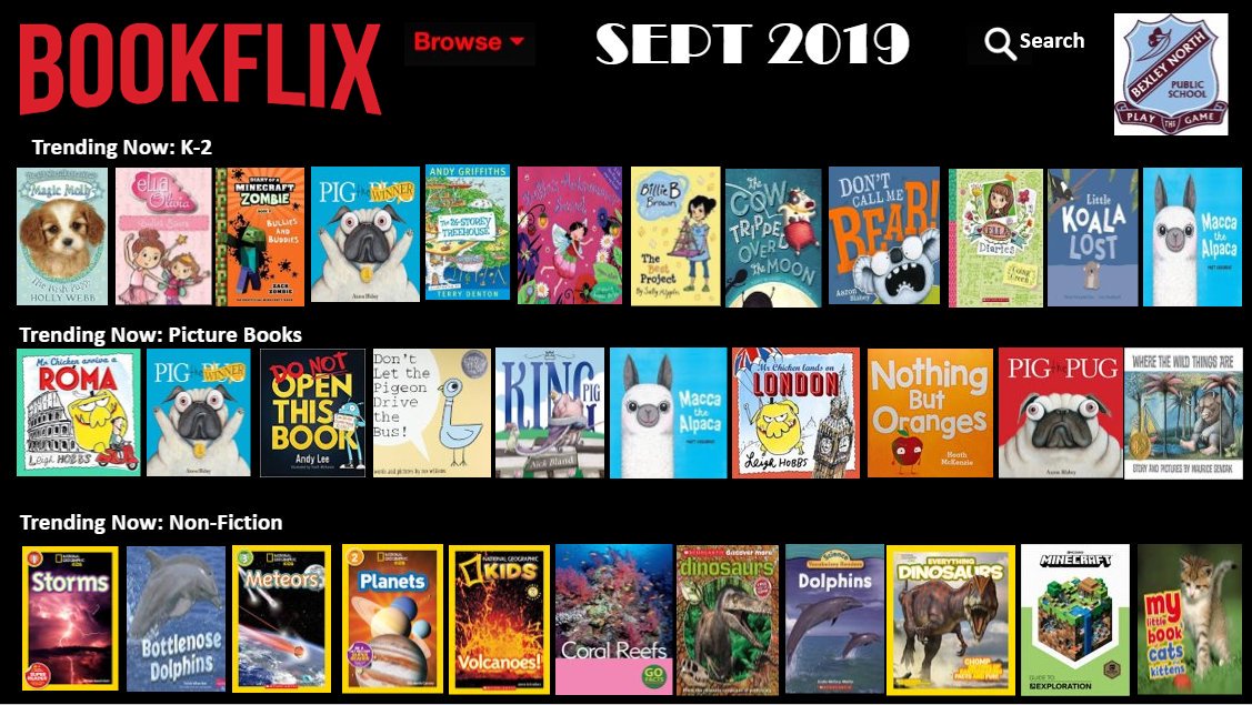 BNPSHub's tweet photo. The latest version of our Bookflix display is up, showing students what's hot in the library and providing recommendations. 🔥📚 #hotreads @BexleyNorthPS https://t.co/gFASo4Zcq6
