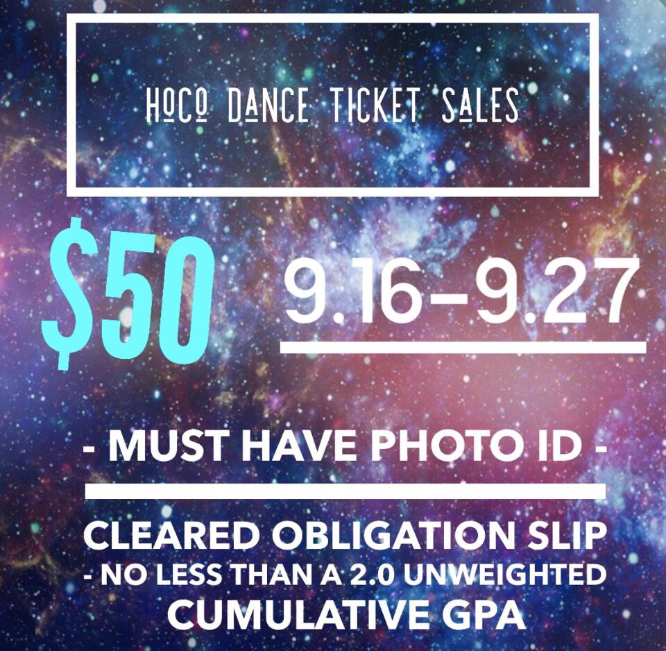 HOCO ticket info! Tickets can be purchased with cash, check or credit card. Sales occur during A and B lunch on both campuses next to the Panther statues. Reminder: Guest tickets are ONLY sold the second week of sales to give priority to DP students. 1,000 tickets are available!
