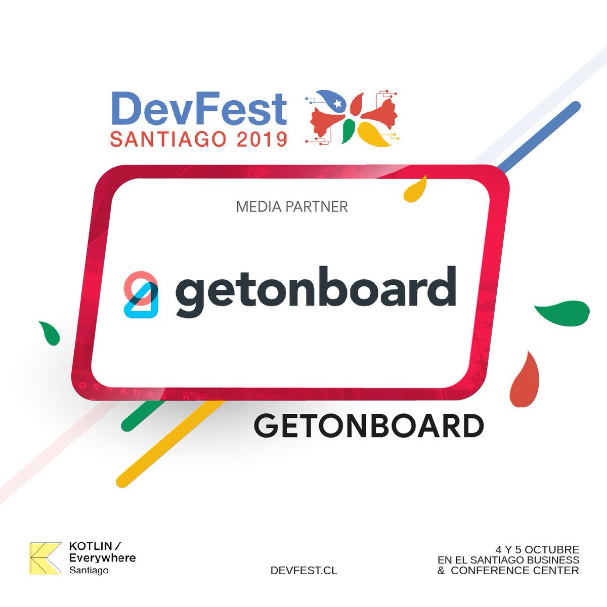 La gente bacán de <a href="/getonbrd/">Get on Board</a>  se une como Media Partner al DevFest Santiago 2019! Estamos felices que nos acompañen en el evento y que nos ayuden a hacer este sueño realidad. No se lo pierdan, quedan pocos días. devfest.cl
#gdg #devfest19 #devfestsantiago