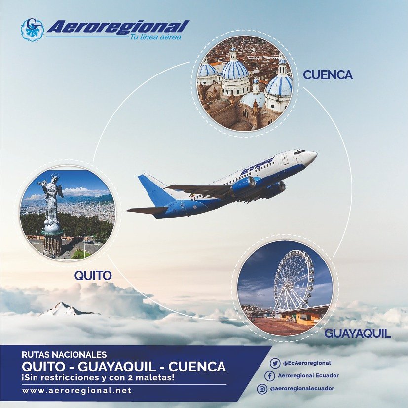 AeroregionalEc on Twitter: "Planifica tus vuelos hacia #Quito #Cuenca y # Guayaquil tarifa única, sin restricciones y con 2 maletas. #Aeroregional ¡Tu áerea! https://t.co/SKVcmG5oWS Call Center 02 225 1034 #aeroregional #tulínearea
