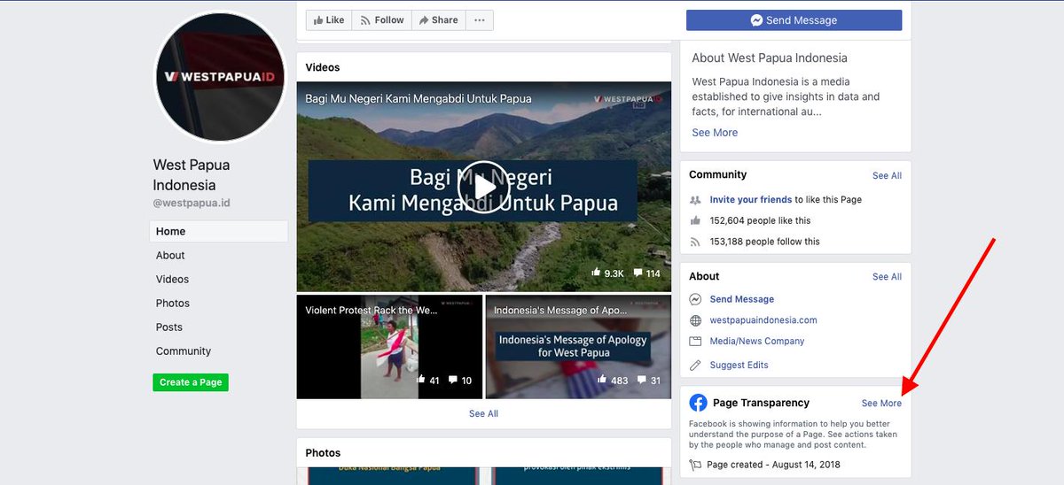 For pages like this,  @Facebook introduced a ‘transparency’ feature in April 2018 so that we can look into the WHO, WHERE and WHEN of this ' #WestPapua' Facebook page to answer our questions